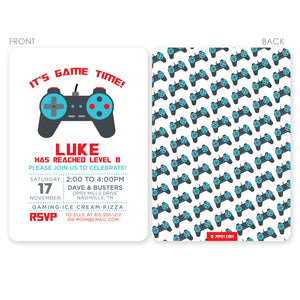 Video Game Birthday Invitation "Level Up", premium printed cardstock invitation, 2 sided with envelopes