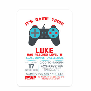 Video Game Birthday Invitation, with a controller for the gamer, printed on ultra heavy premium cardstock, pipsy.com (front view)