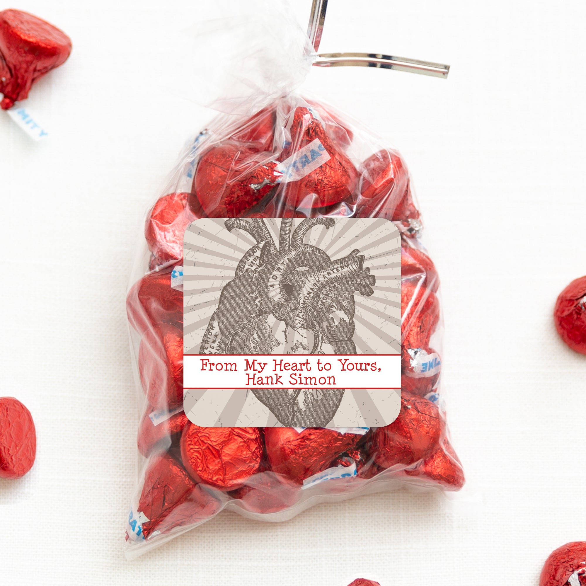 Vintage anatomy of the heart.  Personalized square 2.5" sticker for candy bag. PIPSY.com