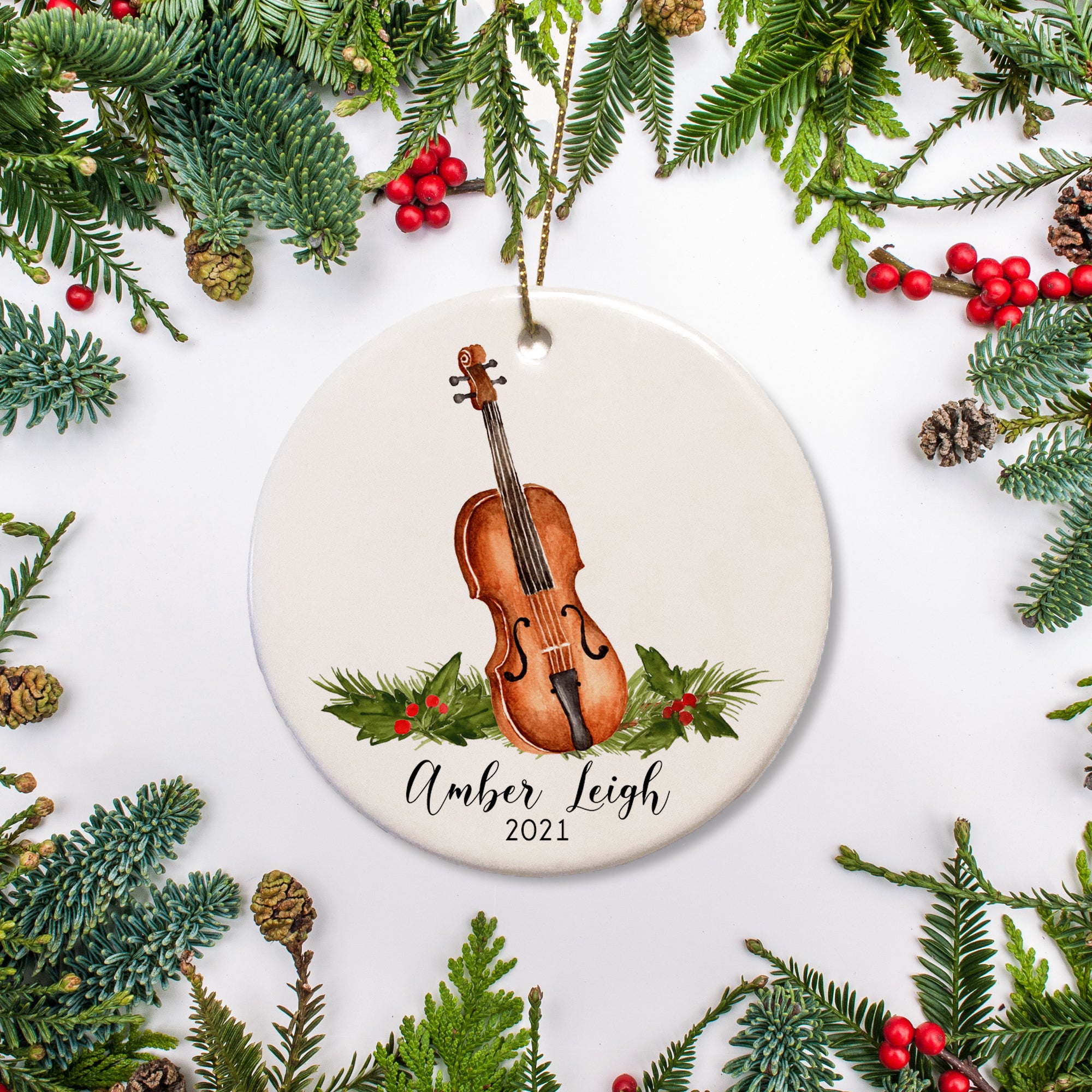 Personalized Christmas ornament - Watercolor rendering of violin sitting on Christmas holly. | PIPSY.COM