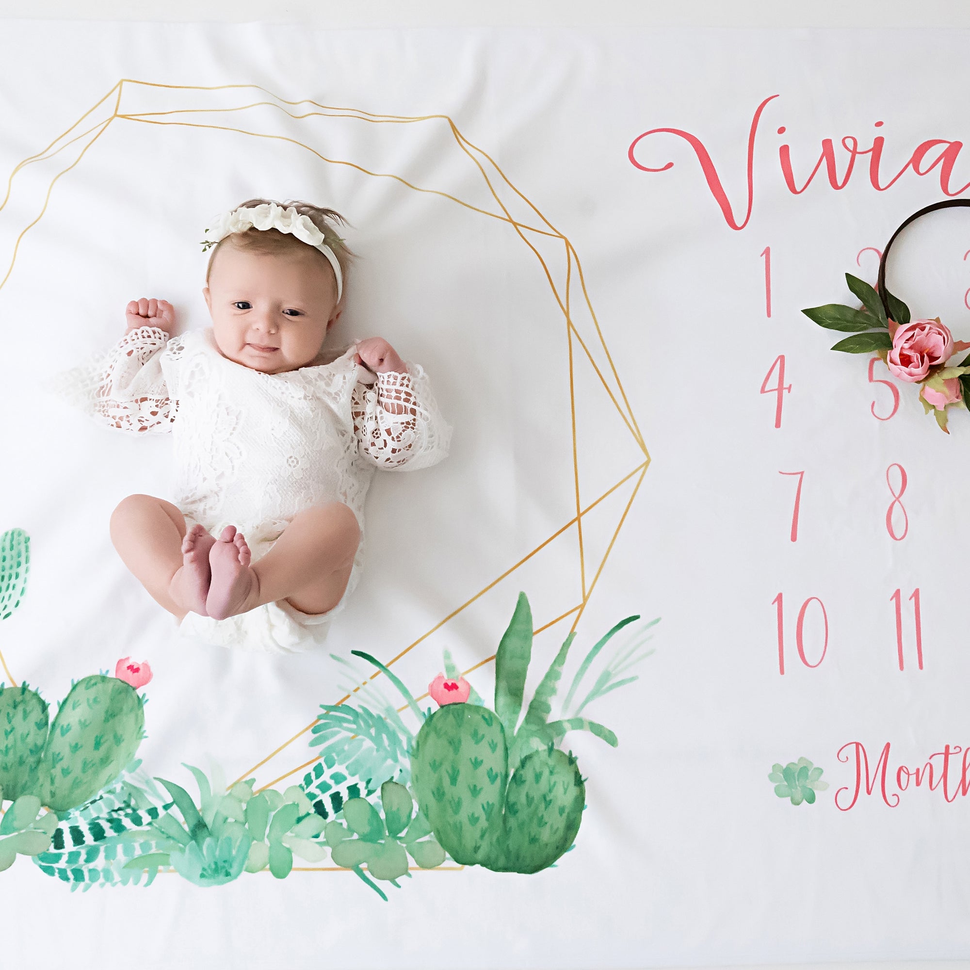 Cactus with gold Geometric Frame Milestone Blanket, Personalized with pink text