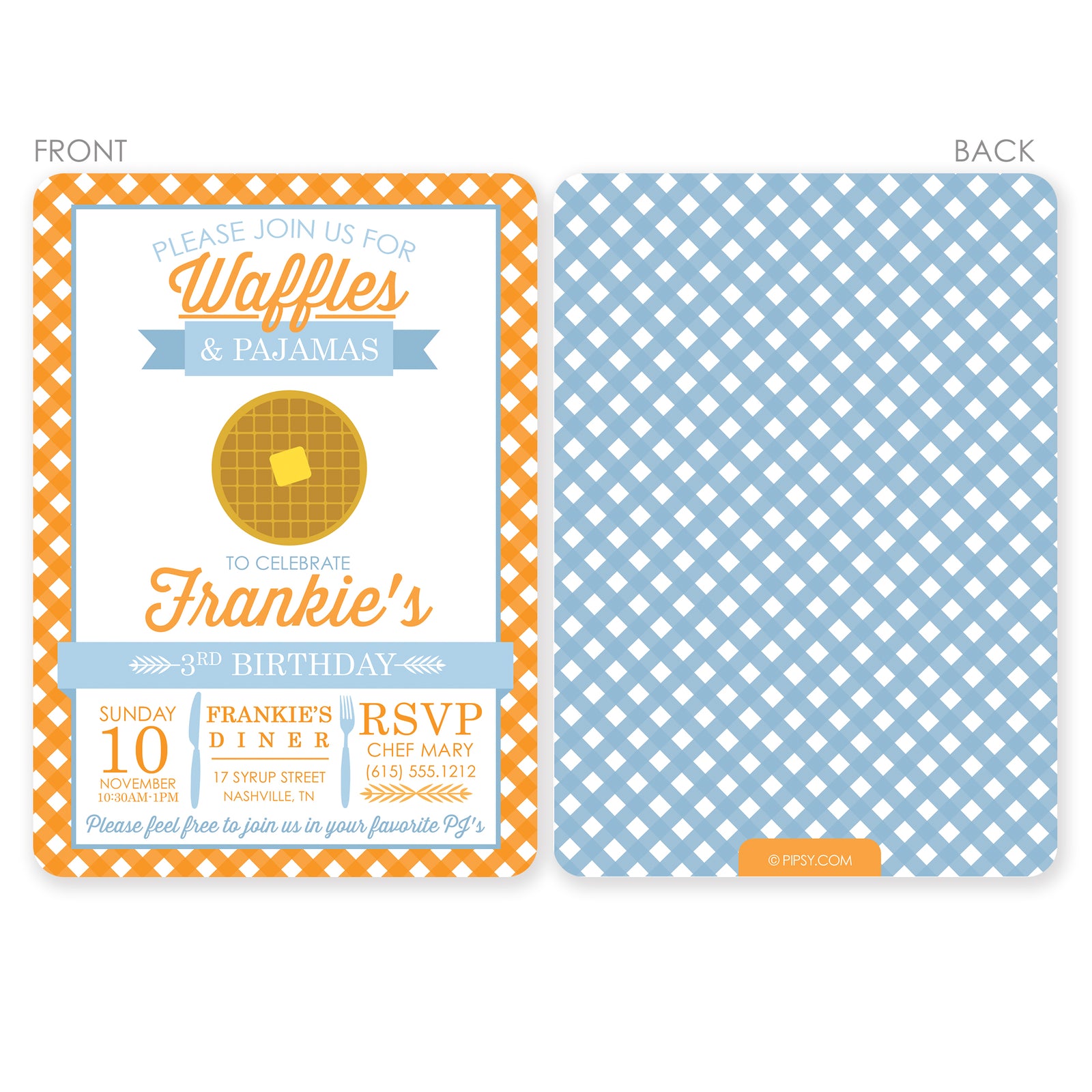 Waffles and Pajamas Invitation | Pipsy.com | Blue & Orange, printed on thick cardstock