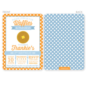 Front and Back view of Waffles and Pajamas Invitation | Pipsy.com | Blue & Orange, printed on thick cardstock