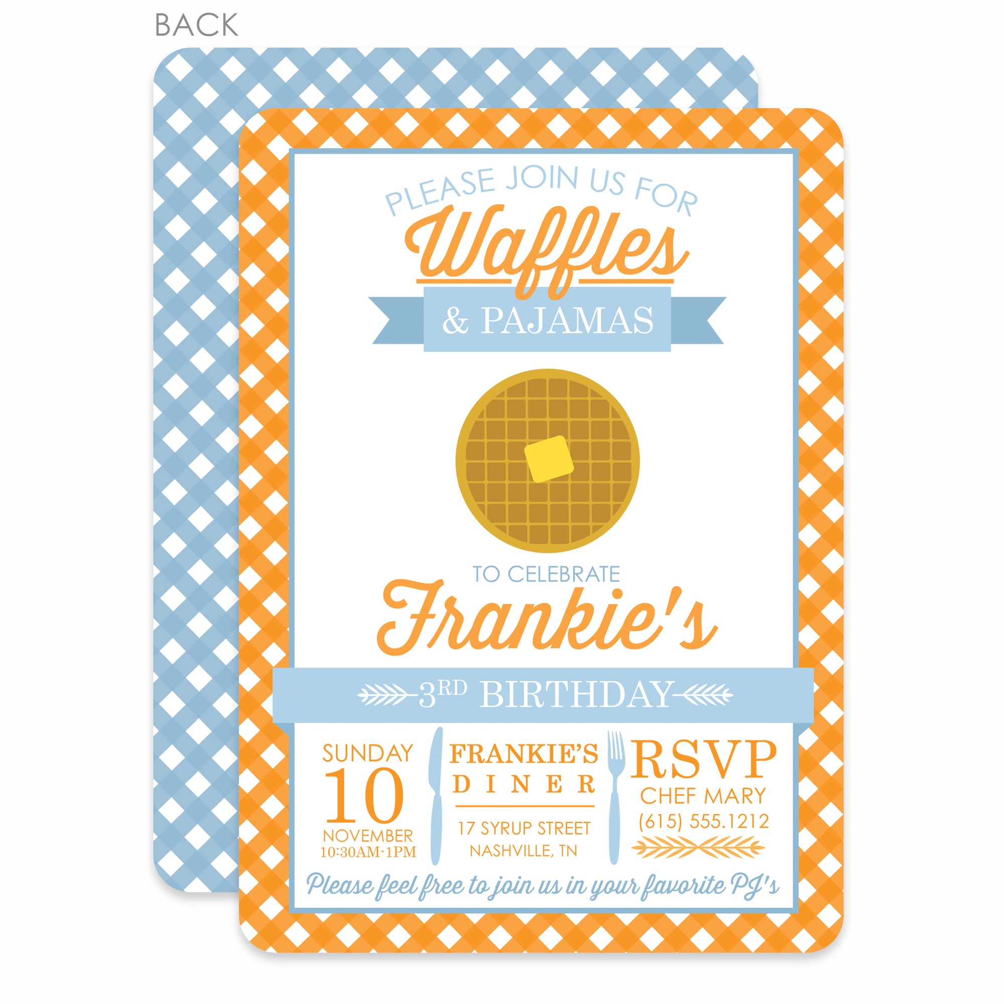 Waffles and Pajamas Invitation | Pipsy.com | Blue & Orange, printed on thick cardstock