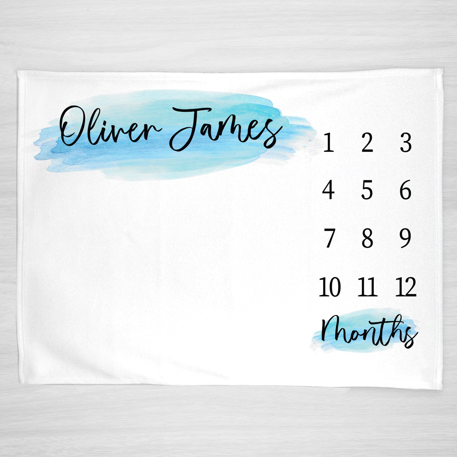 Watercolor Milestone Blanket for a boy with paint brush strokes, best reviewed and selling blanket seller