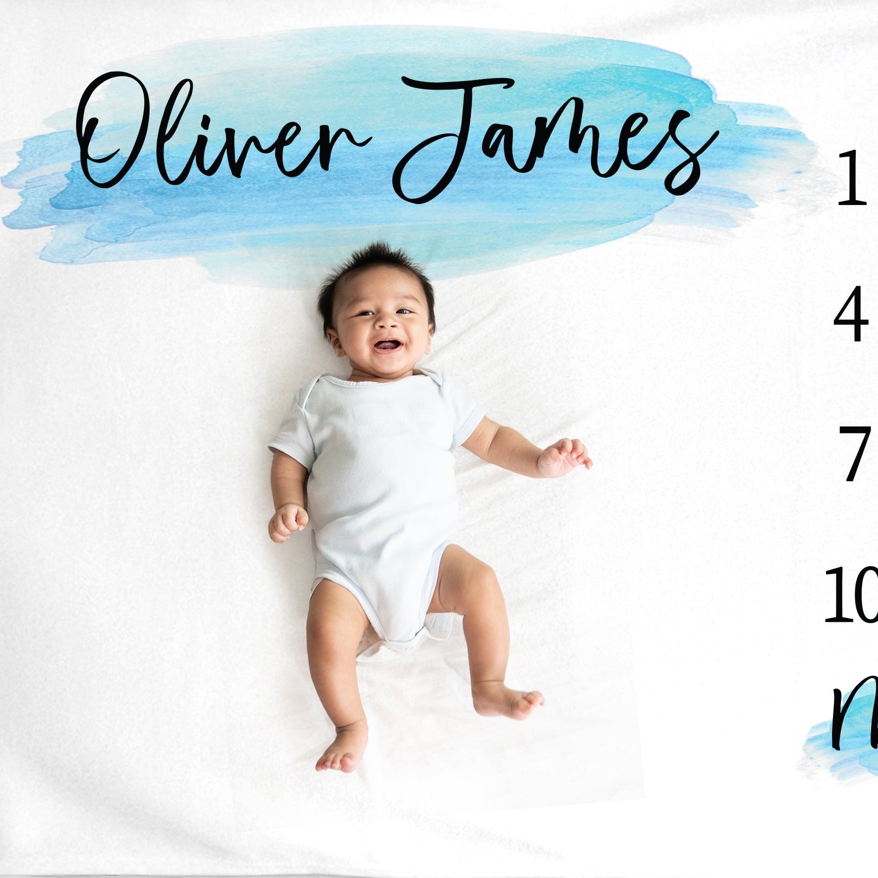 Watercolor Milestone Blanket for a boy with paint brush strokes, best reviewed and selling blanket seller