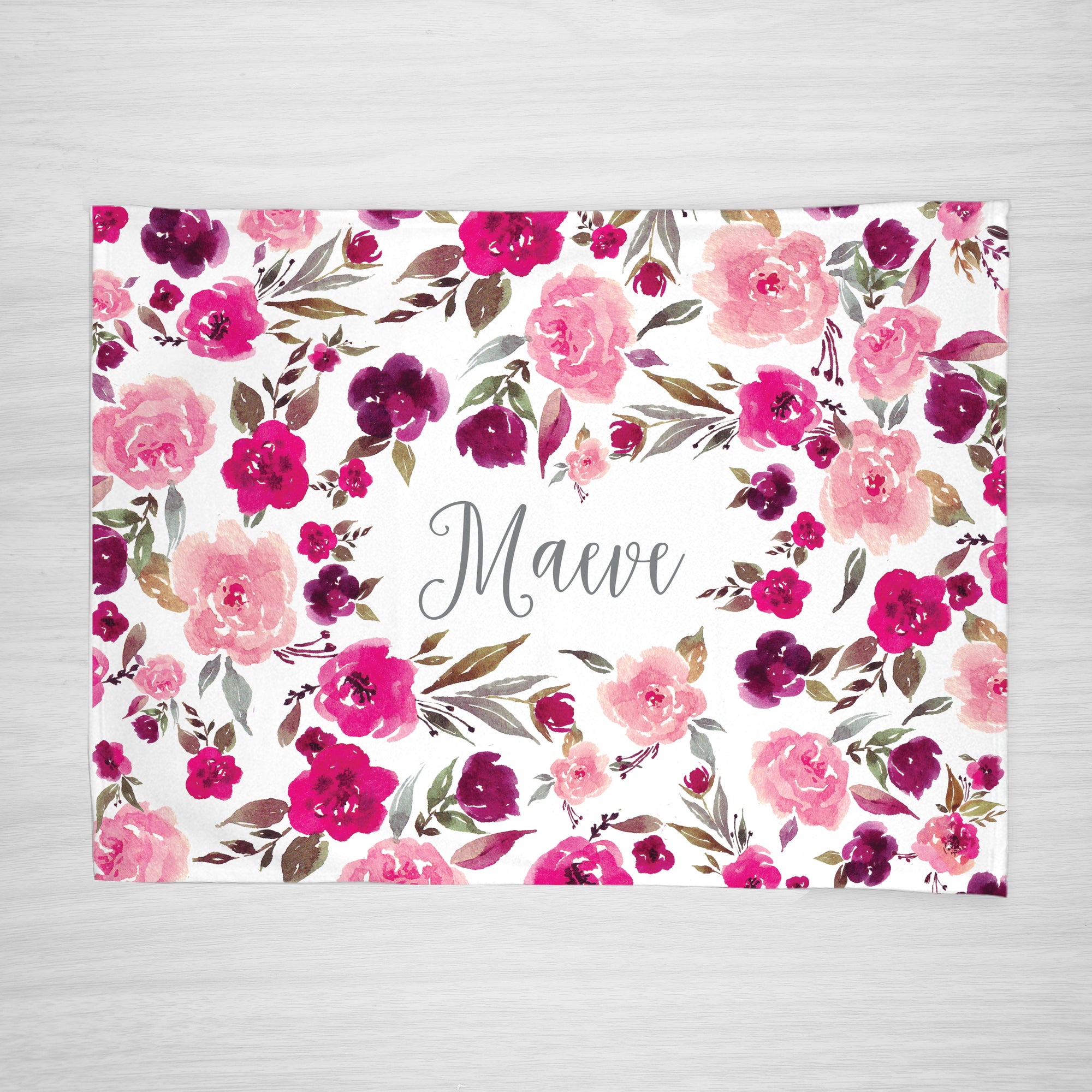 Pink Watercolor Floral Baby Name Blanket