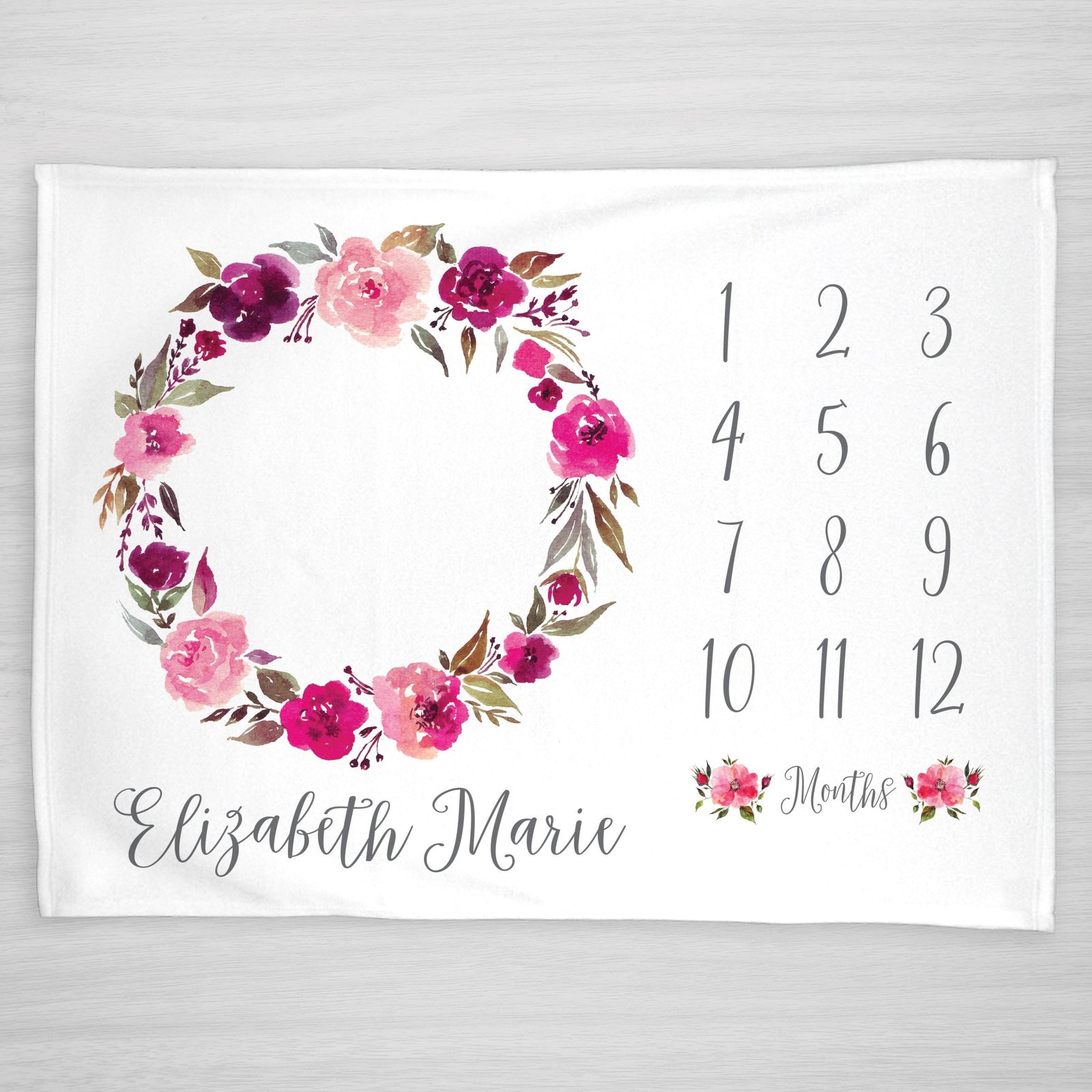Girl Milestone Baby Blanket, Super soft fleece with a wreath of pink watercolor flowers