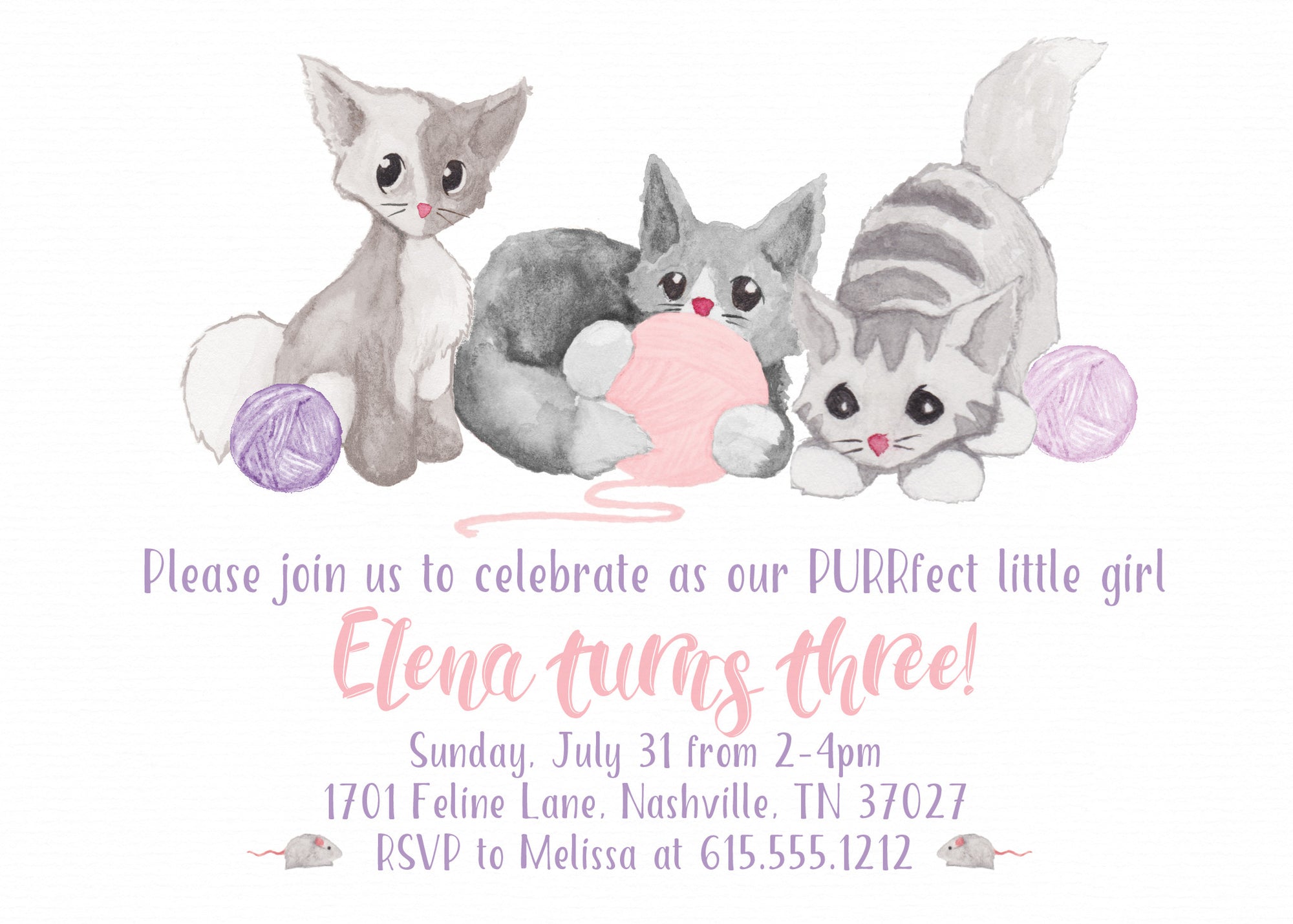 Watercolor Kitten Invitations | Pipsy.com (front view)