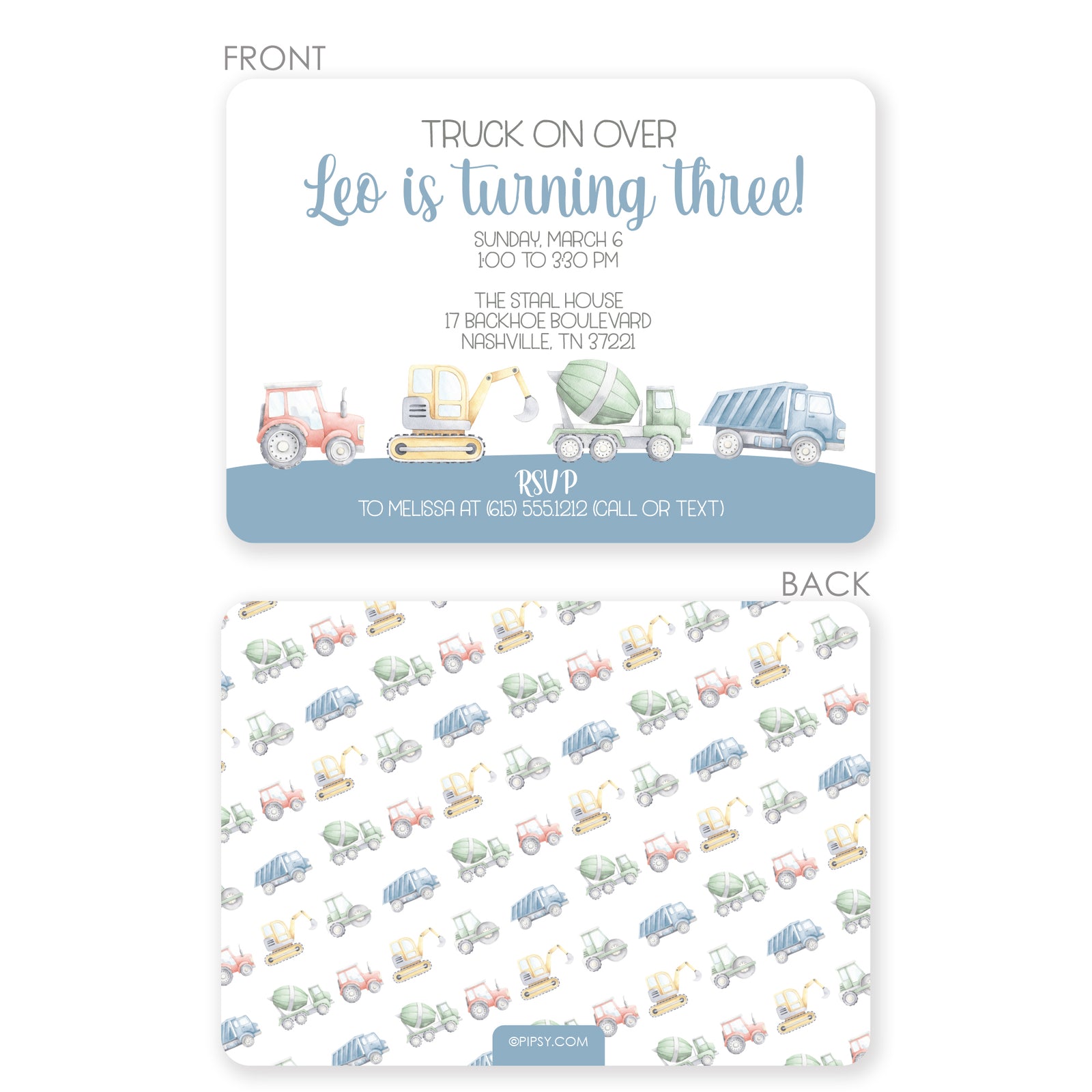 Construction invitation with a tractor, backhoe, cement truck and dump truck. Watercolor style printed on thick cardstock