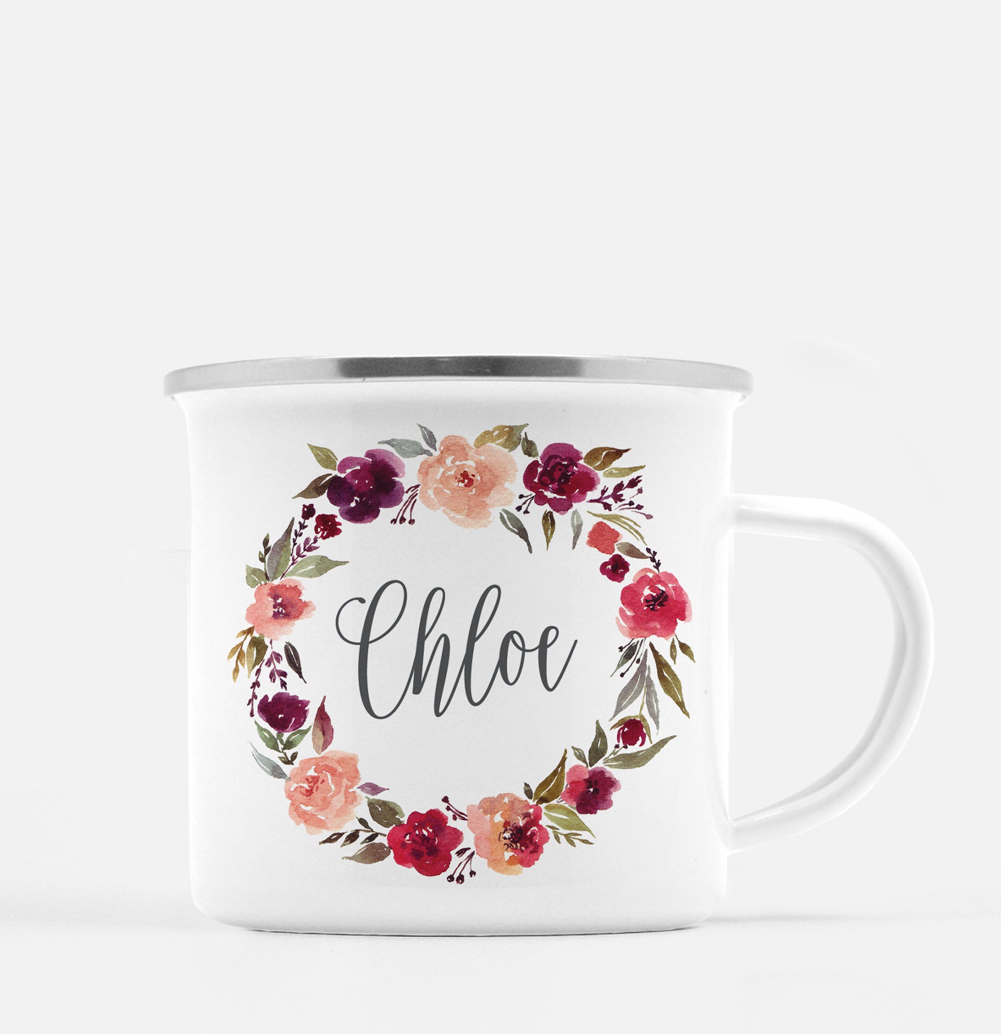 Watercolor wreath with beautiful scripted  name in the center | White enamel metal camp mug with silver lip | PIPSY.COM