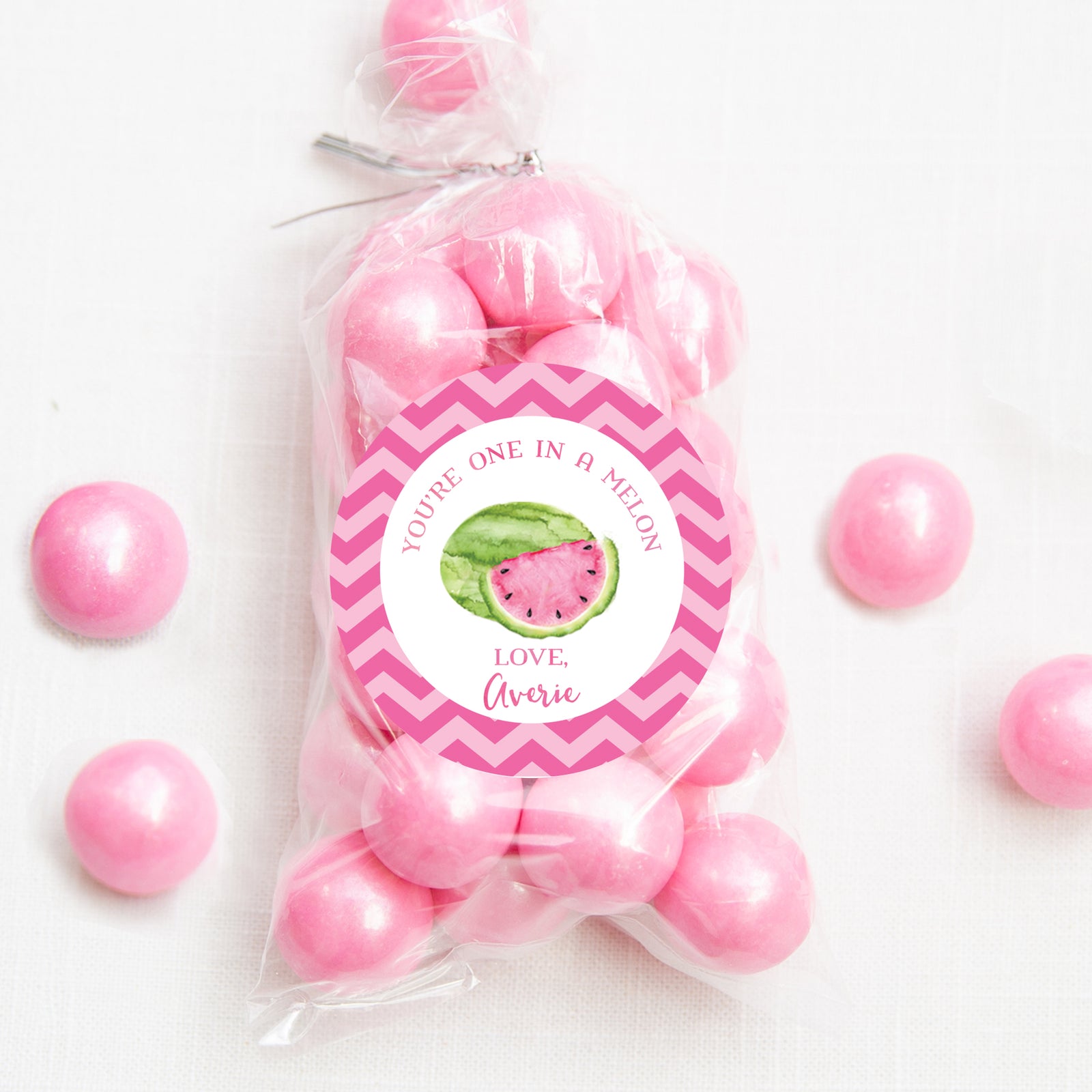 Pink watermelon | You're one in a melon | 2.5" Round Valentine's Day Sticker for candy bag | Classroom Party | Personalized stickers | PIPSY.COM