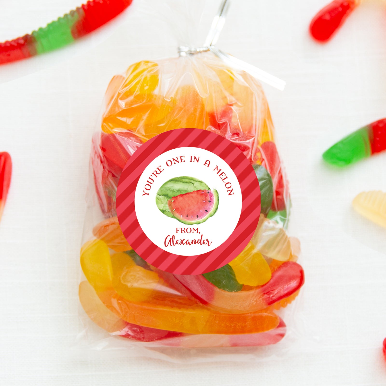 red watermelon Valentines day stickers | 2.5" Round Valentine's Day Sticker for candy bag | Classroom Party | Personalized stickers | PIPSY.COM