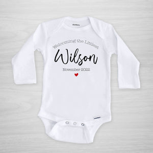 Pregnancy Announcement Onesie, Personalized, "Welcoming the Littlest", Long Sleeved