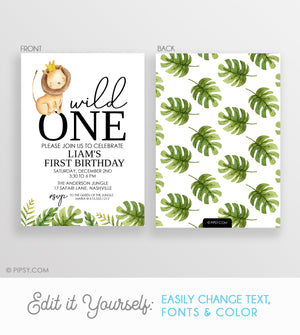 Wild ONE first birthday invitation, DIY Instant dowload using Templett, PIPSY.COM, front back view