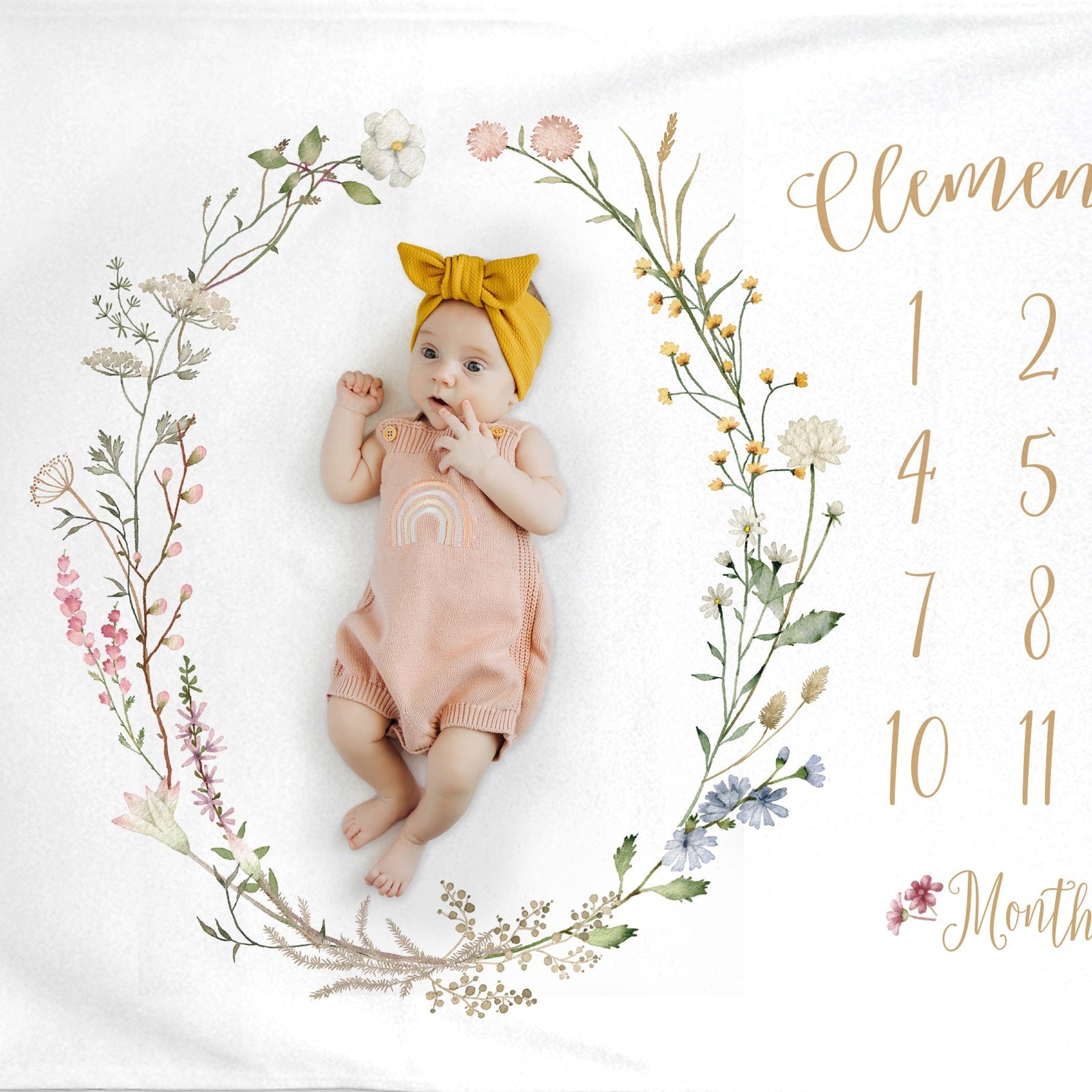 Wildflower Milestone blanket for baby girls, with neutral soft pastels and beige text