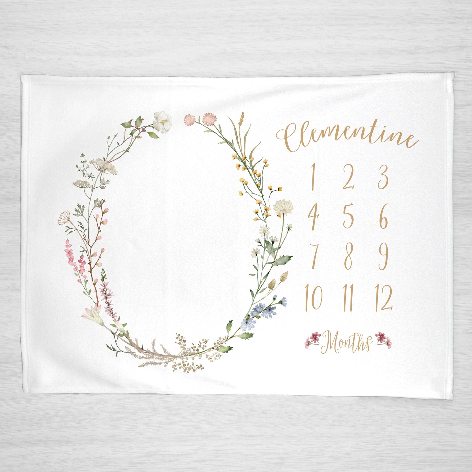 Wildflower Milestone blanket for baby girls, with neutral soft pastels and beige text