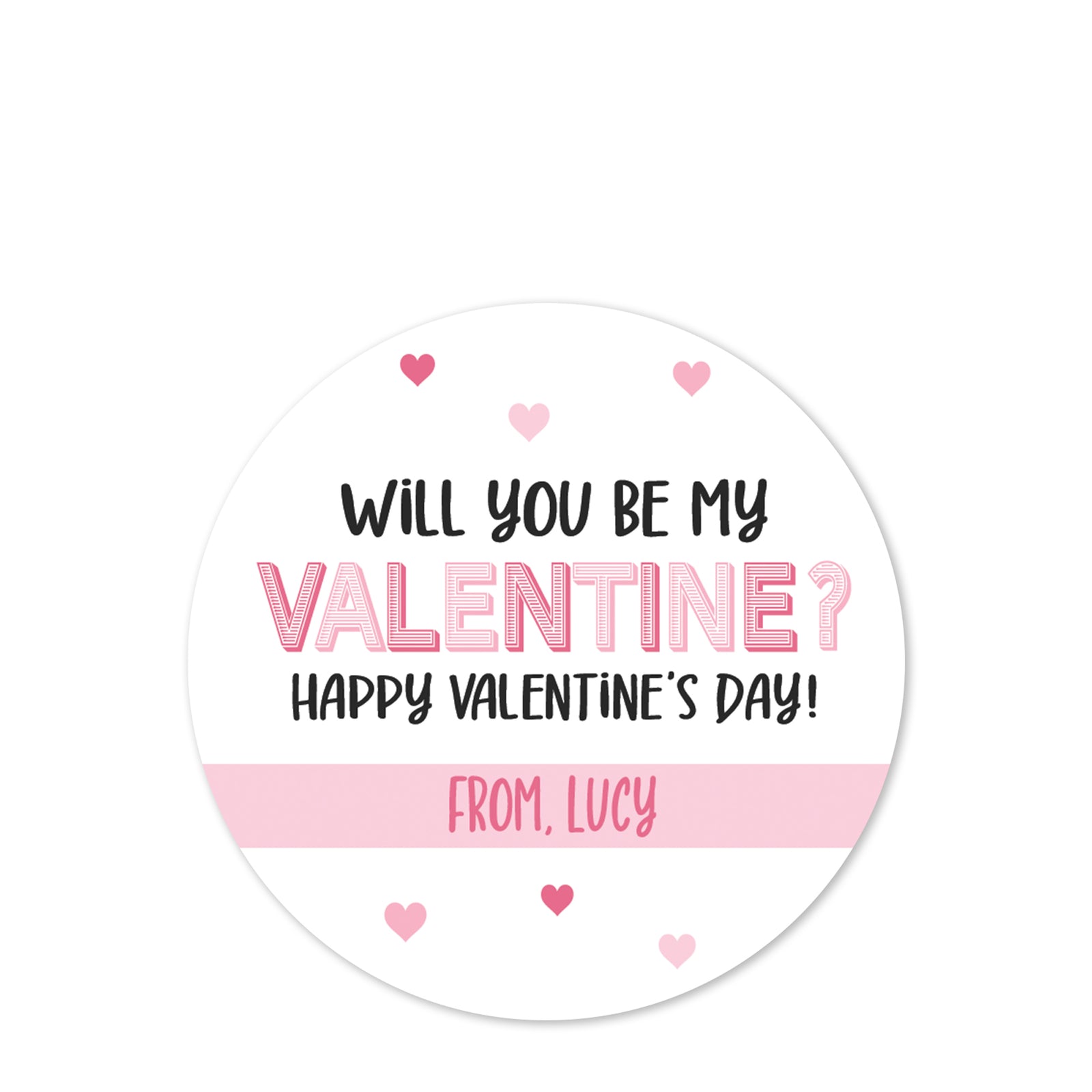 Personalized Valentine's Day stickers, great way to dress up your child's treat bag for school party.  Pink, white, hearts Pipsy.com