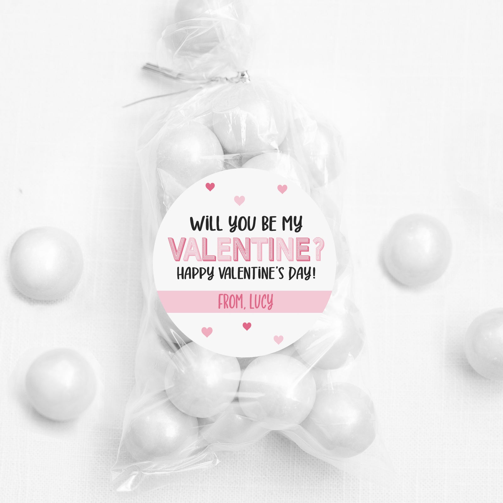 Personalized Valentine's Day stickers, great way to dress up your child's treat bag for school party.  Pink, white, hearts Pipsy.com