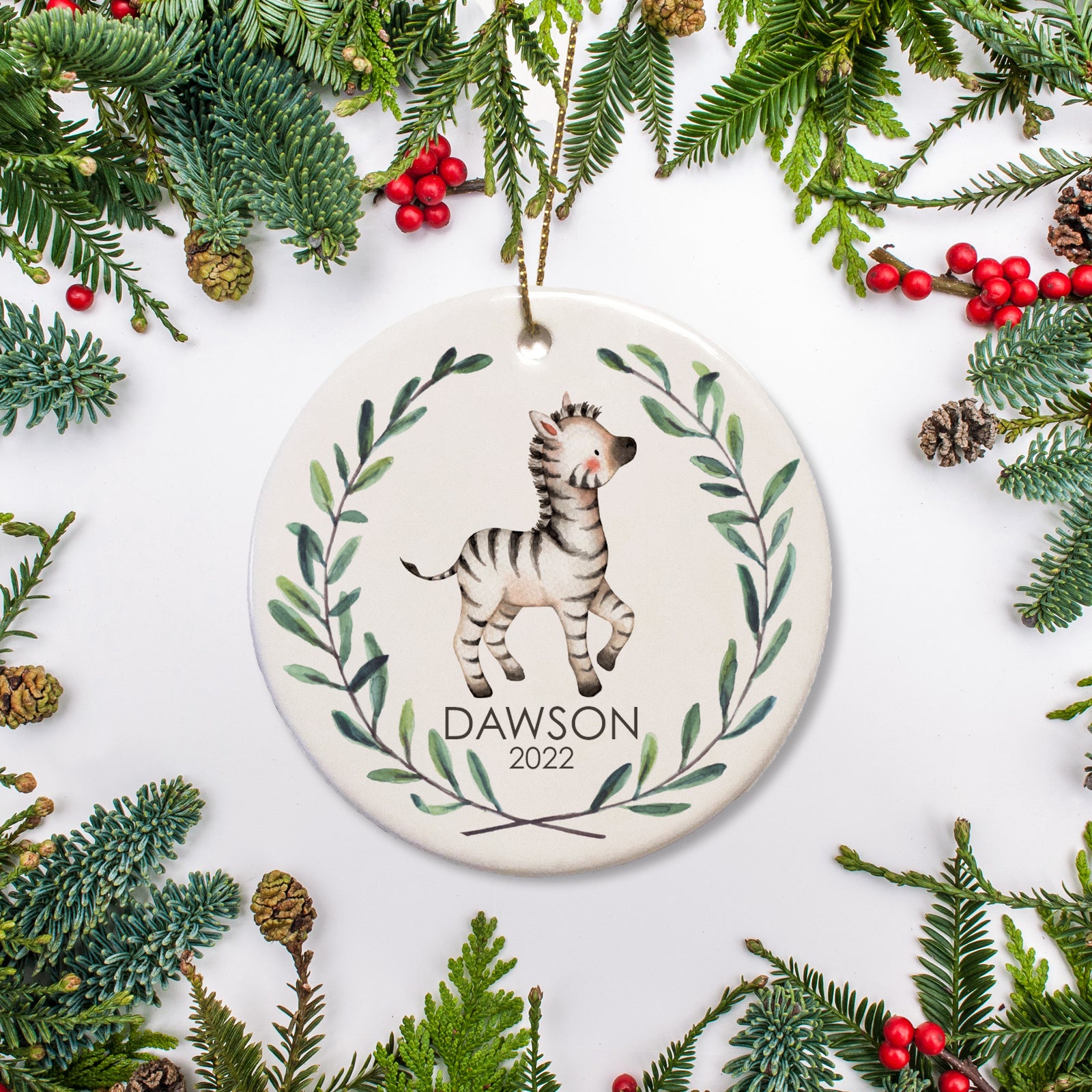 Personalized Christmas Ornament Zebra Safari Watercolor Animal Ornament | Pipsy.com