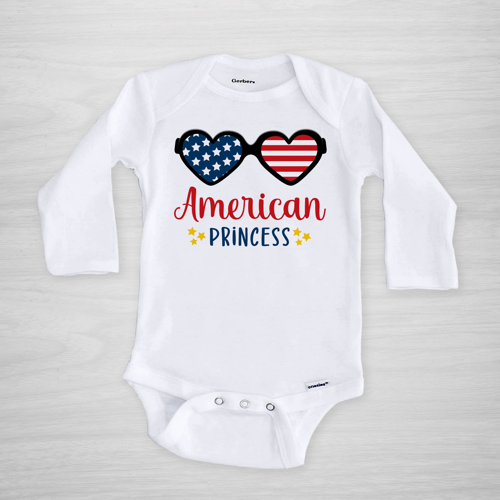 American Princess 4th of July Onesie, short sleeved with flag sunglasses