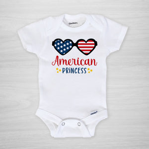 American Princess 4th of July Onesie, short sleeved with flag sunglasses