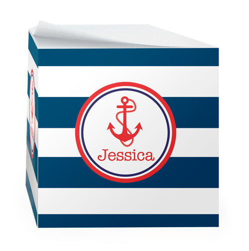 Anchor in red on navy and white stripes sticky note cube