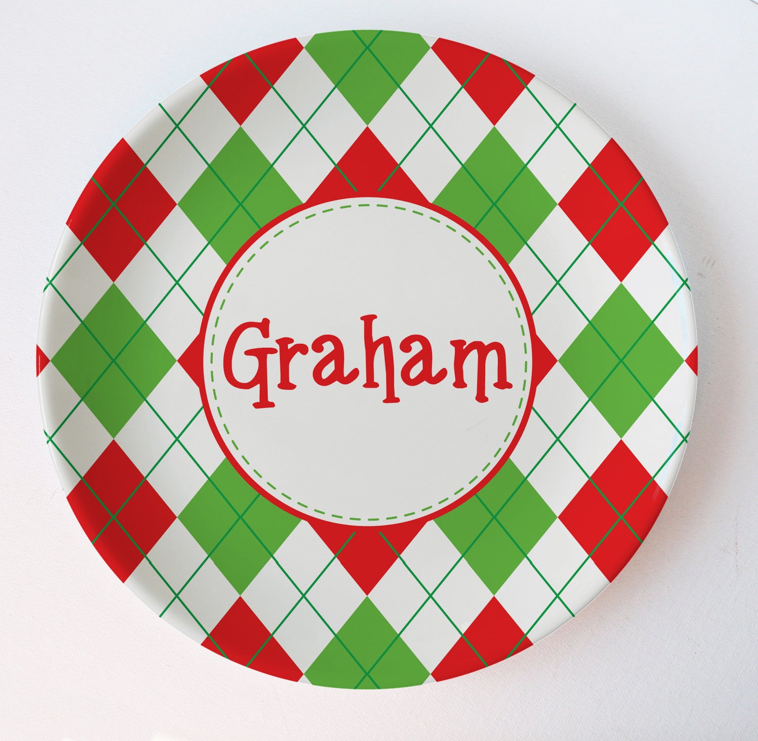 argyle christmas melamine plate in red and green