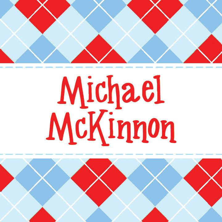 Red and blue argyle gift tags