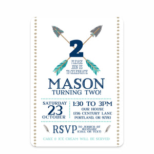Blue Arrows and Feathers Party Birthday Invitation | Pipsy.com | Front