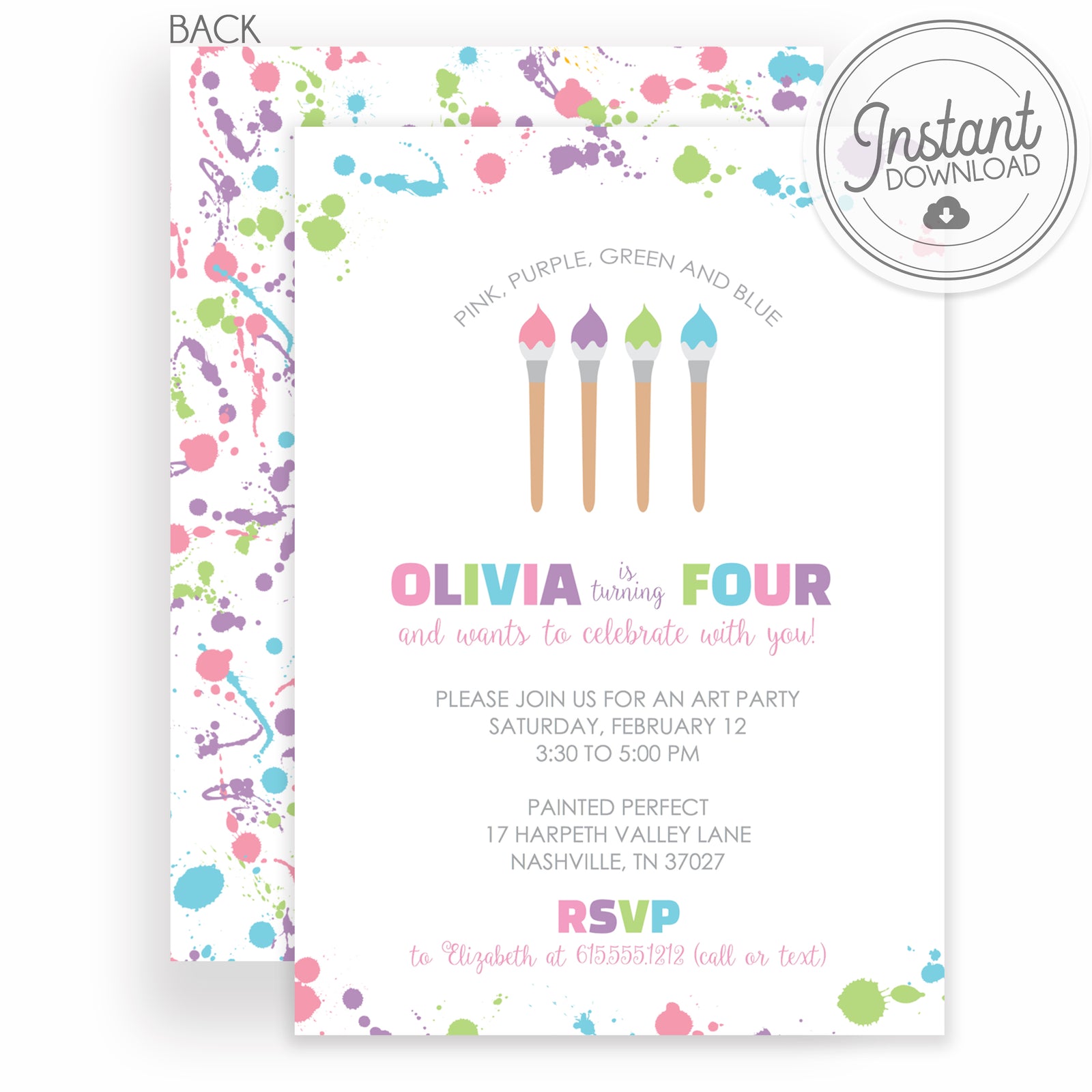 Art Party Birthday Invitation | Paint Brushes and Splatters | Templett Invitation | Instant Download DIY | PIPSY.CO M