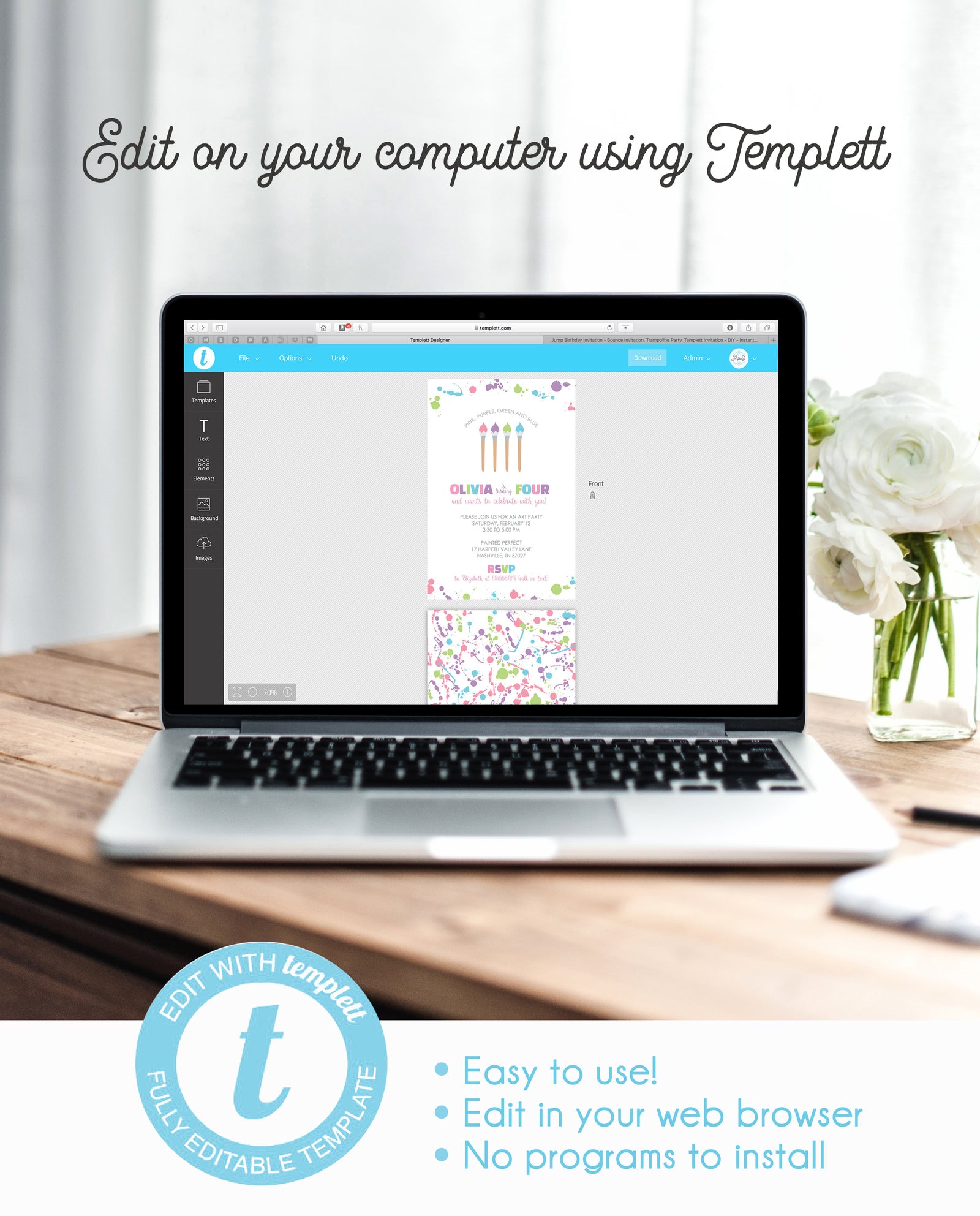 Art Party Birthday Invitation | Paint Brushes and Splatters | Templett Invitation | Instant Download DIY | PIPSY.CO M