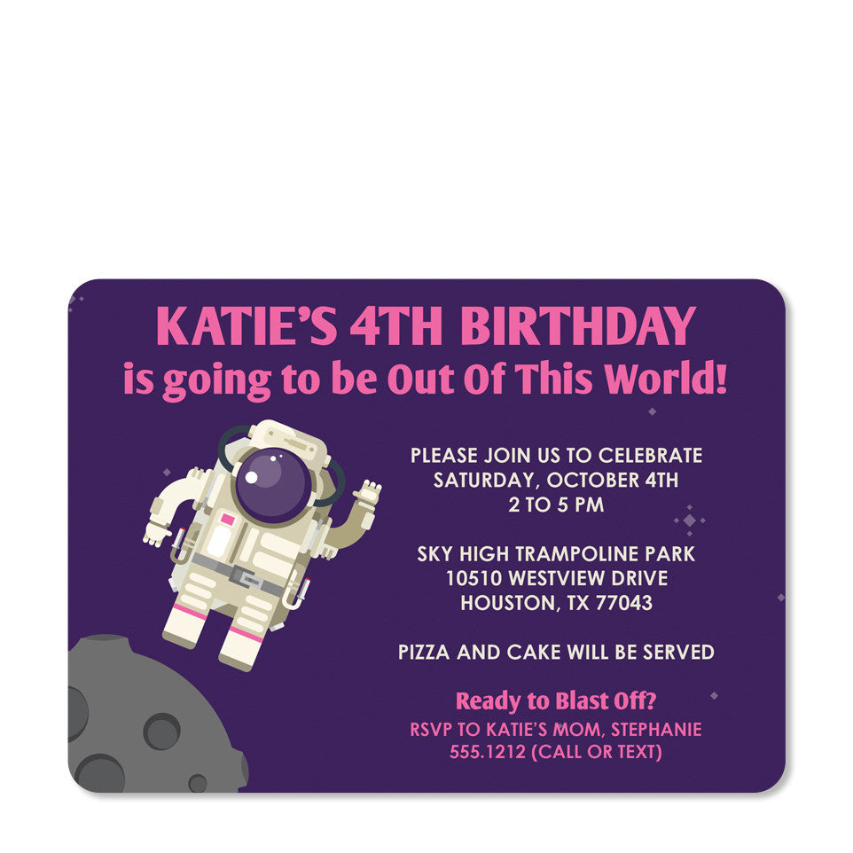 Astronaut Birthday Invitation (Purple) | Pipsy.com (front view)