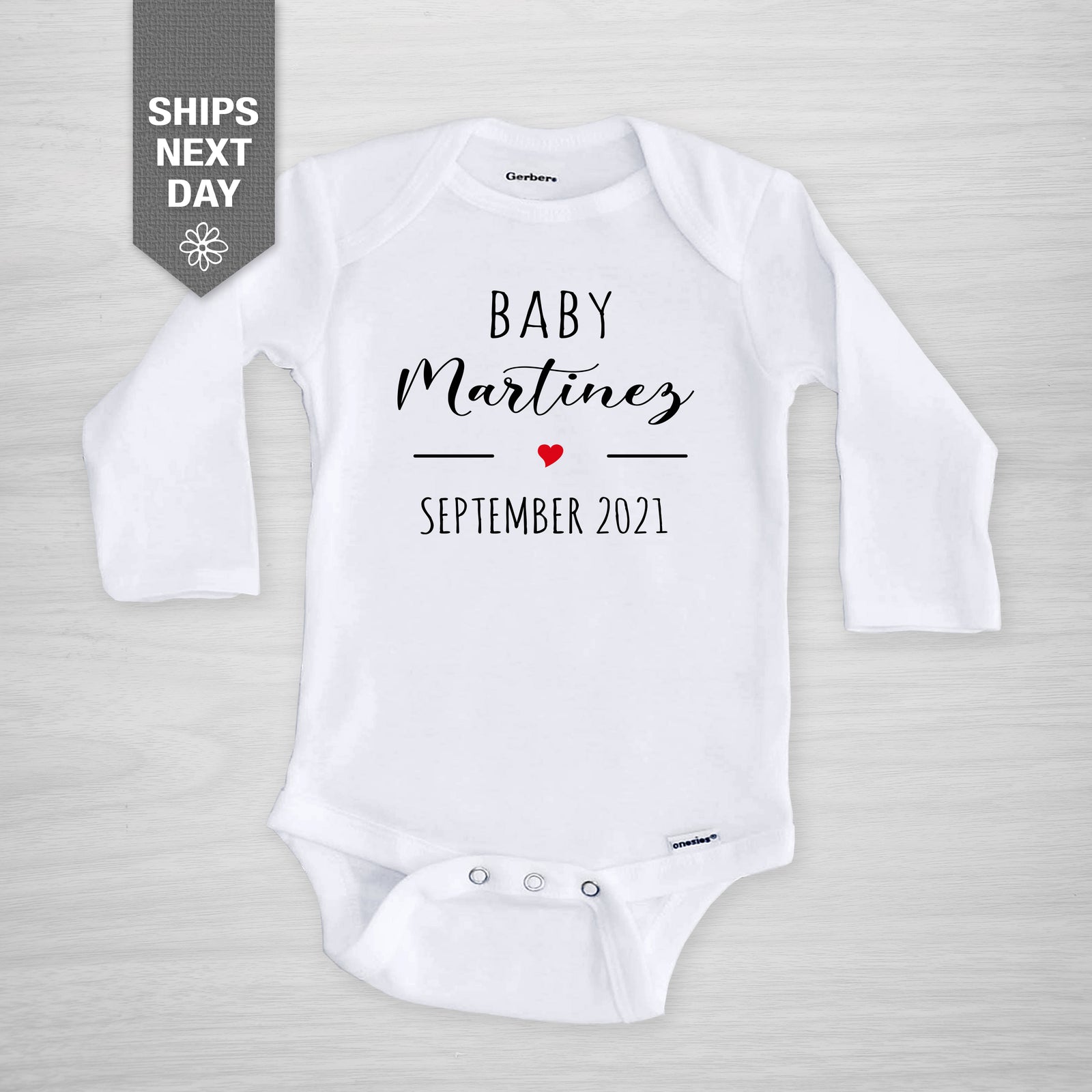 Pregnancy Announcement Gerber Onesie® Personalized with your last name and due date, long sleeved