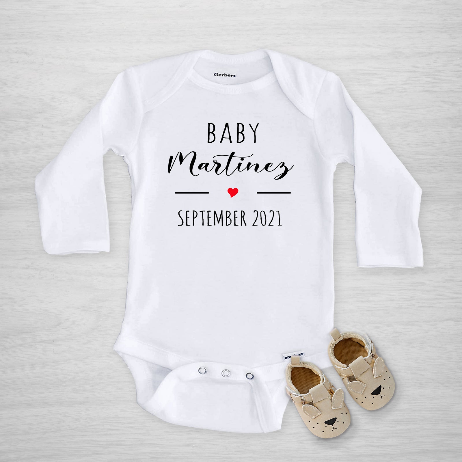 Pregnancy Announcement Gerber Onesie® Personalized with your last name and due date, long sleeved