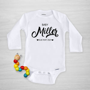 Pregnancy Announcement Gerber Onesie® Personalized with your last name and due date, long sleeved