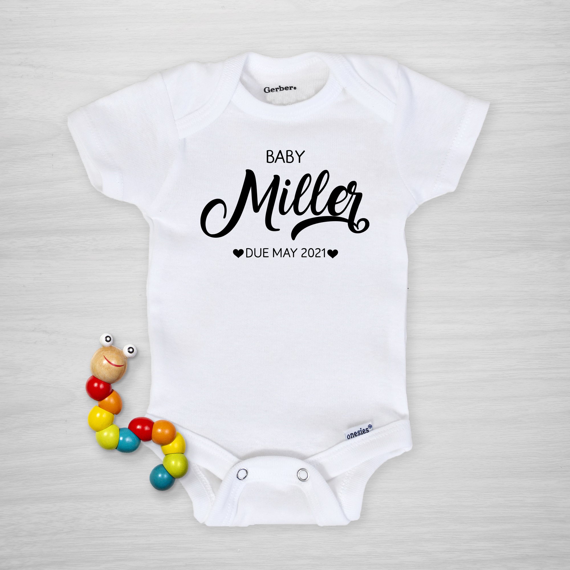 Pregnancy Announcement Gerber Onesie® Personalized with your last name and due date, long sleeved