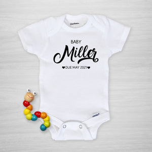Pregnancy Announcement Gerber Onesie® Personalized with your last name and due date, short sleeved