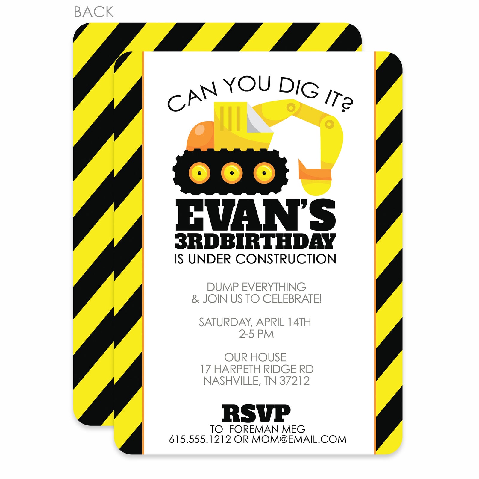 Backhoe Digger Party Birthday Invitation | PIPSY.COM | Black & Yellow, printed on thick cardstock with 2 sided printing, we can add a photo to the back