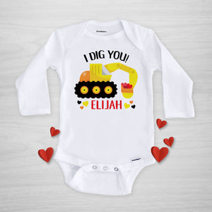 Valentine's Day Personalized Gerber Onesie, backhoe excavator "I dig you" personalized, long sleeve