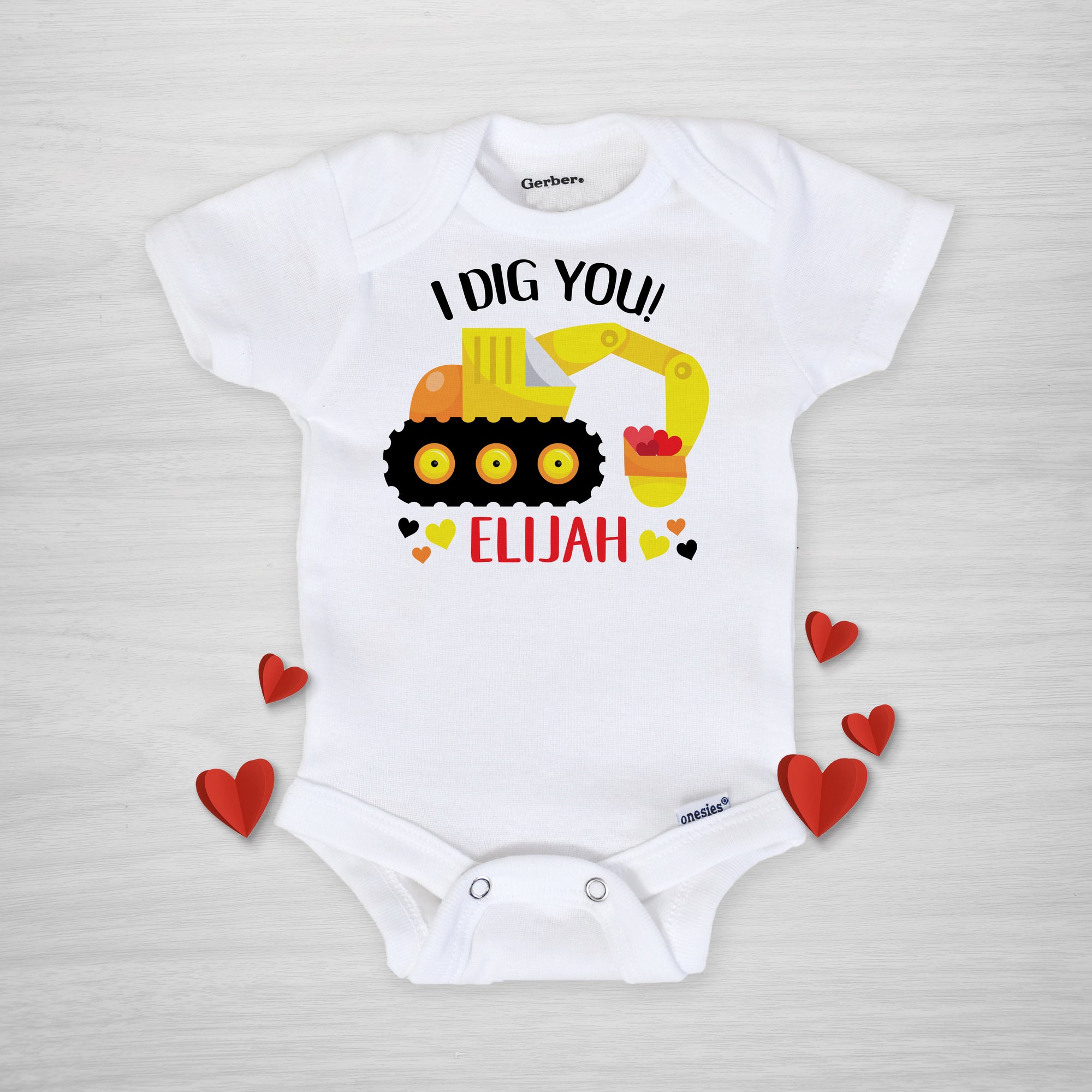 Valentine's Day Personalized Gerber Onesie, backhoe excavator "I dig you" personalized, short sleeve