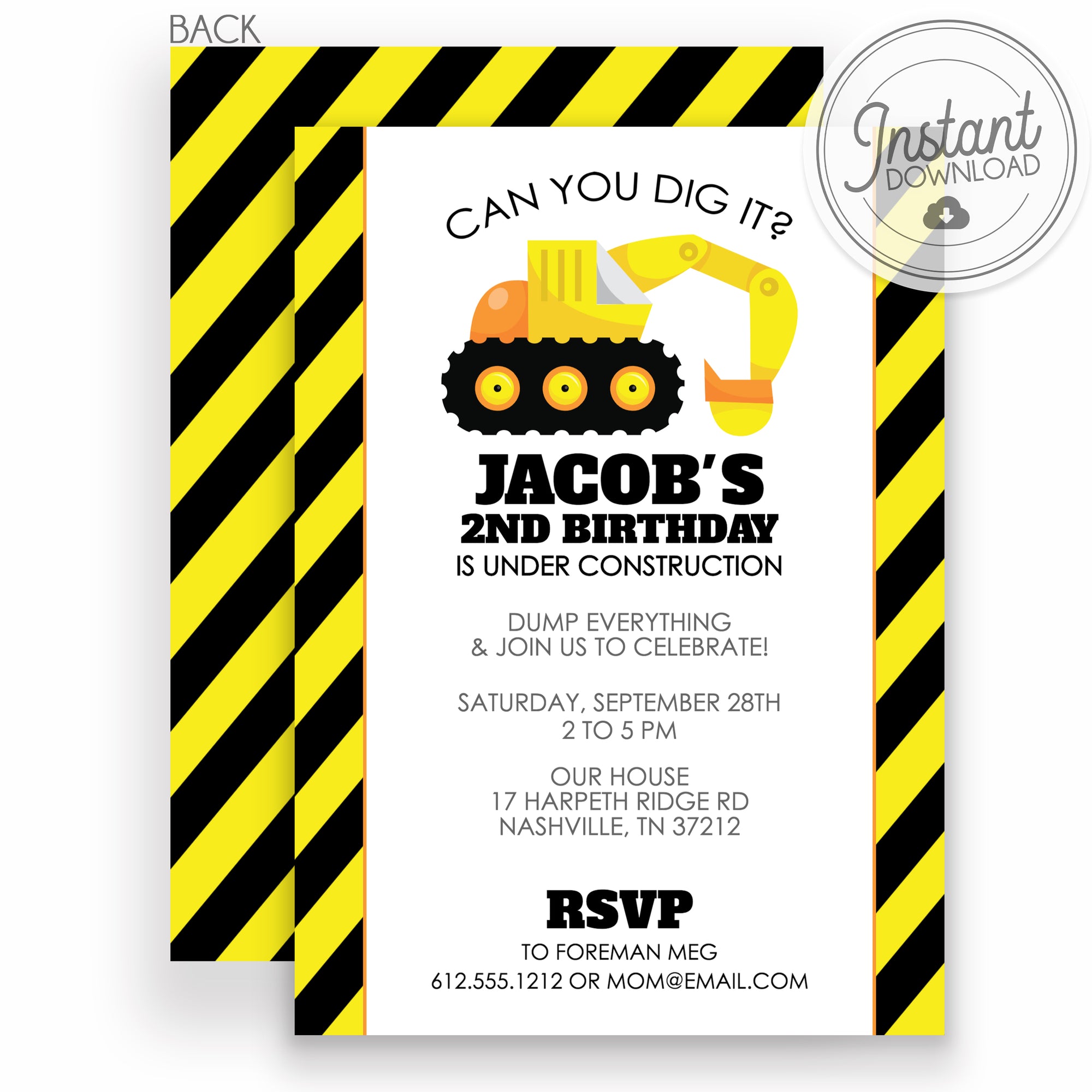 Backhoe Birthday Party Invitation | Excavator | Construction Party | DIY Instant Download | Templett Invitation | PIPSY.COM