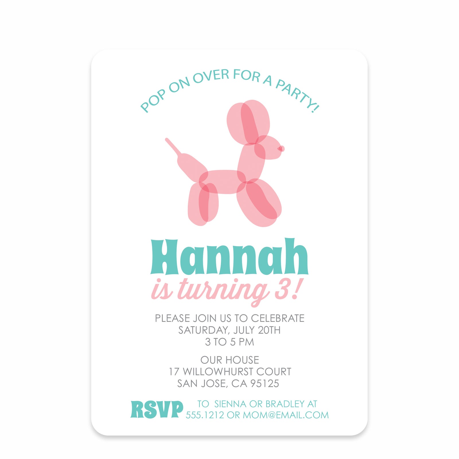Balloon Animal Invitation | Pipsy.com | Pink & Aqua