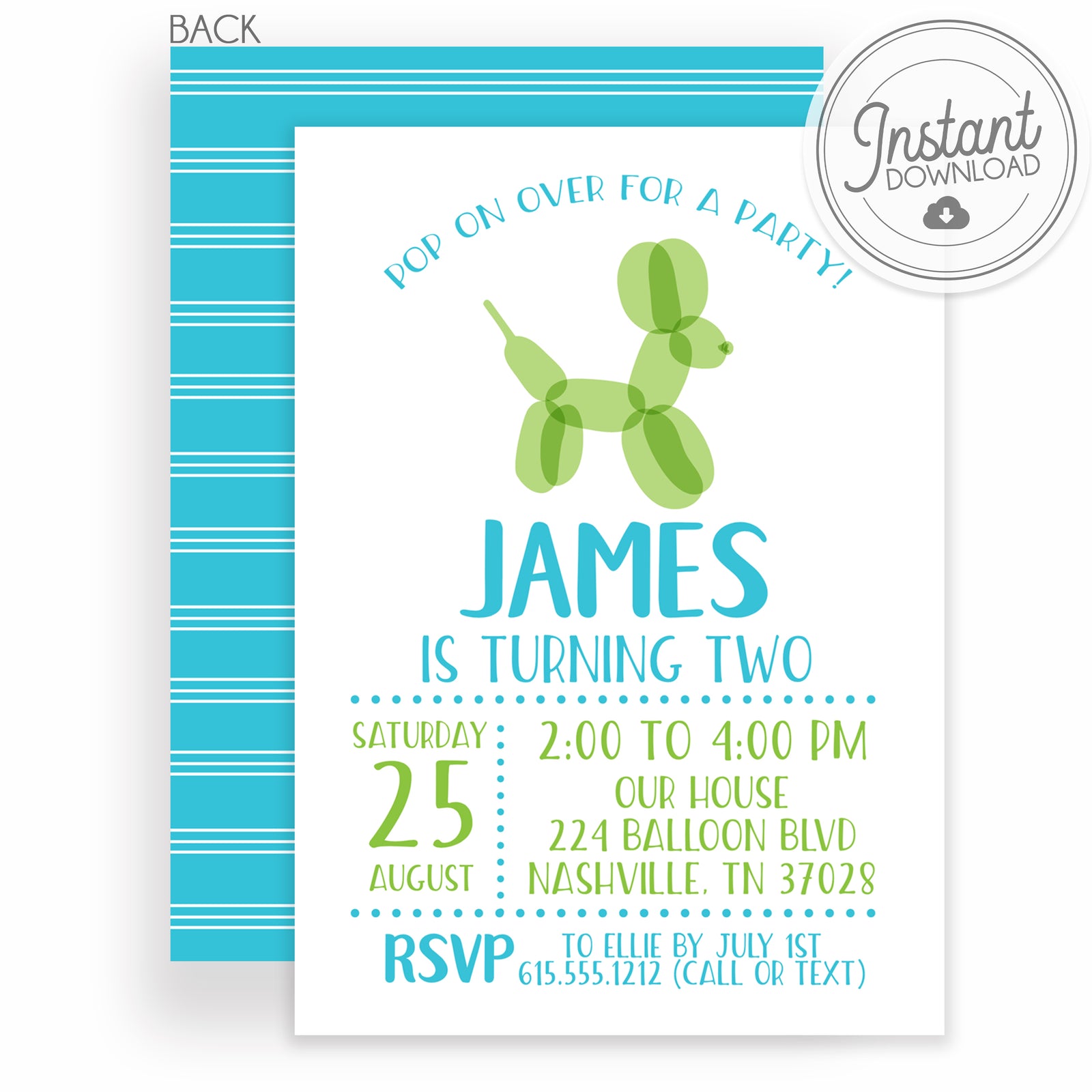 Balloon Animal Boy Birthday Invitation, DIY Editable Instant Download Templett, PIPSY.COM