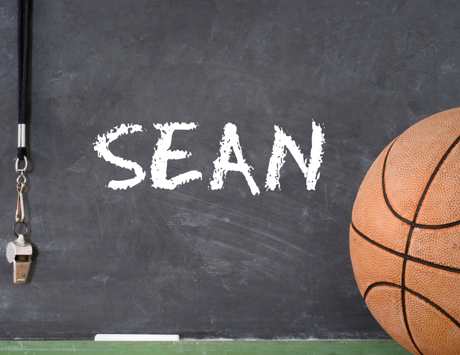 Basketball, whistle, chalkboard