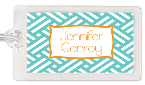 Basket weave aqua luggage tag