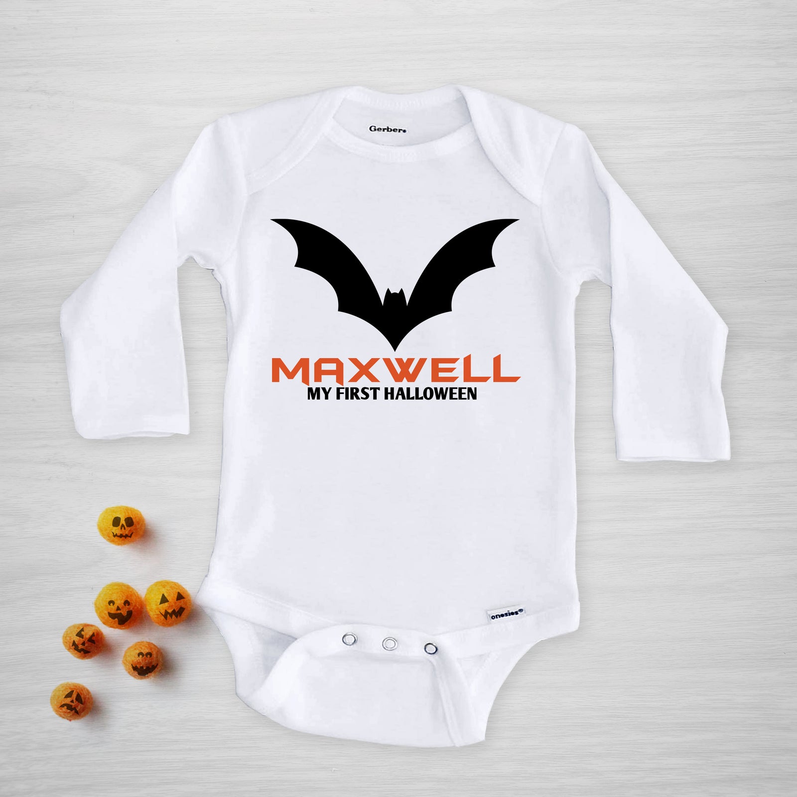 Personalized Bat Halloween Onesie, long sleeved