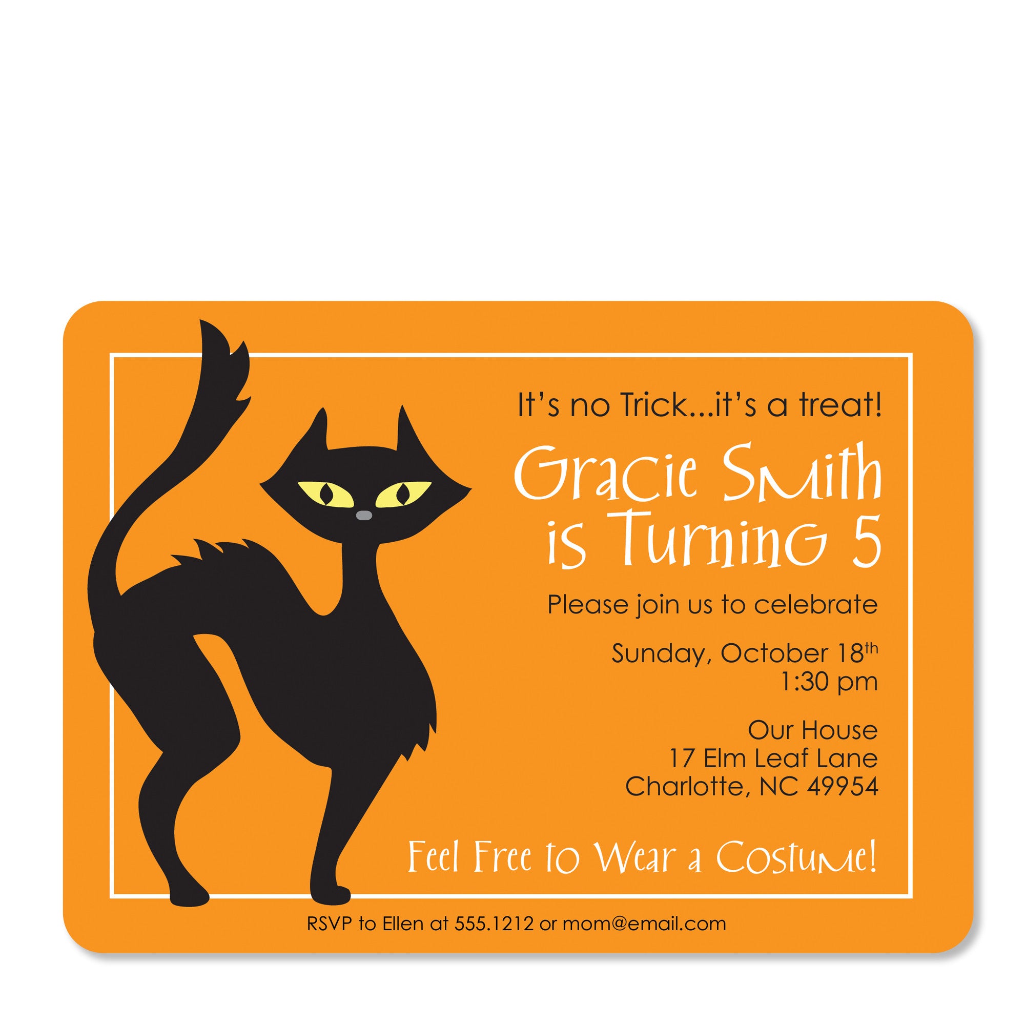Black Cat Birthday Invitation | Swanky Press (front view)