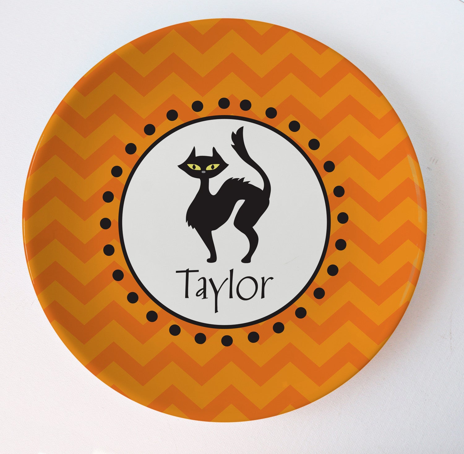 Black cat melamine plate on orange chevrons