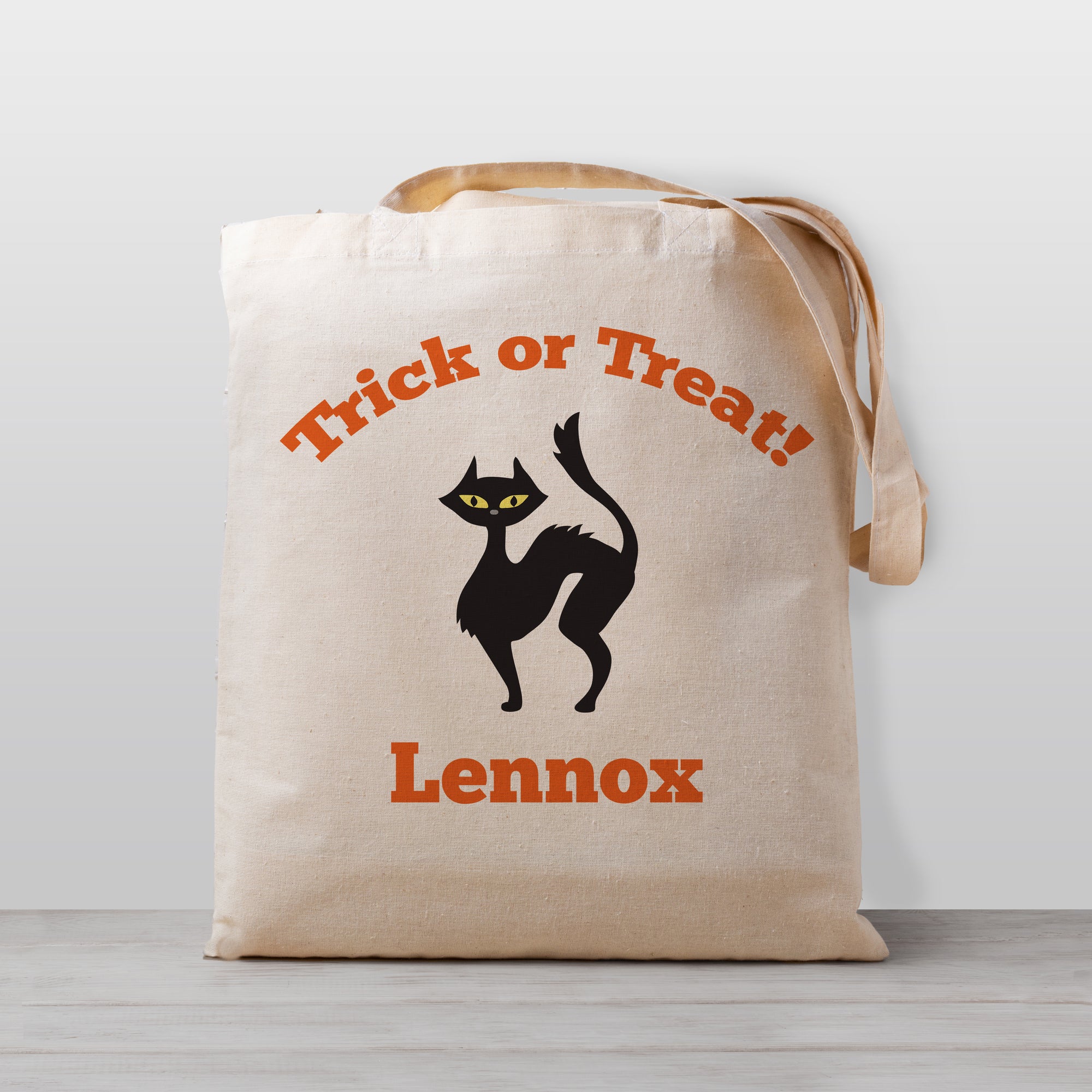 Personalized Halloween Trick or Treat Bag with a Black Cat, 100% natural cotton canvas tote
